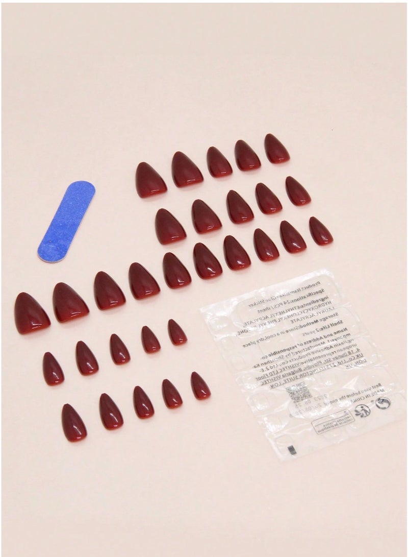 Shein 24pcs Short Almond-Shaped Solid Deep Red Nail Stickers, With 1pc Jelly Gel And 1pc Press-On Nail Sticker, Nail Art Supplies Nails - Image 5